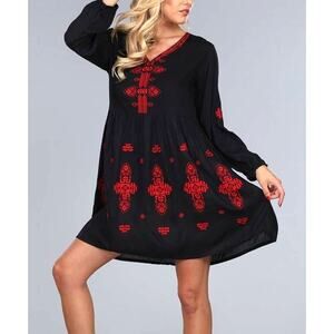 Anandas Black Red Embroidered  Boho V-Neck Mini Dress  XXL